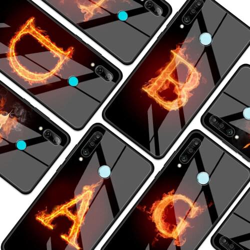Flame Fire Initial Letter Glass Phone Case for Huawei P30 P40 Pro P20 Lite P Smart Z Y7 Y9 Y9a Y6 2019 for Honor 20 8X 9X Cover
