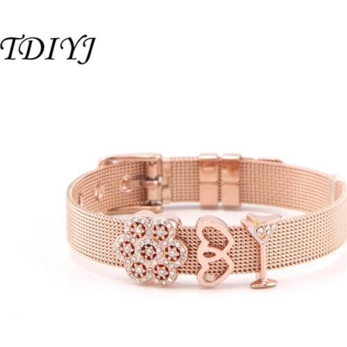 TDIYJ Trendy Slide Keeper Bracelet with Crystal Flower Interlocking Heart Pave Martini Charms Rose Gold for Womens Gift One Set