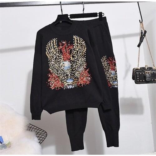 2019 spring autumn womens knitting leisure suit Chic mebroiderd pearls loose sweaters+pencil pants pantsuit women A068