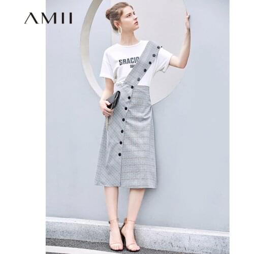 Amii Minimalism Summer New Plaid Womens Skirt Casual Detachable Shoulder Strap Retro Female Mid-long Woemens Dress 11940221