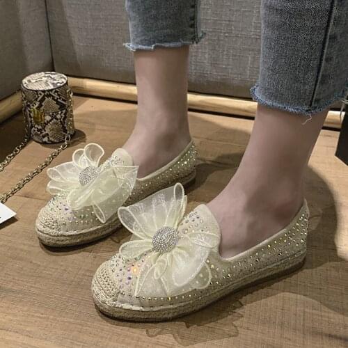 New Woman Glitter Bow Knot Slip on Flats Bling Casual Vulcanize Womens Shoes Round Toe Solid Rhinestone 2021