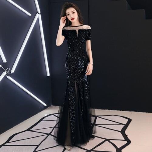 Female 2021 Summer New Banquet Black Host Elegant Sequins Birthday Party Maxi Dresses for Women K100