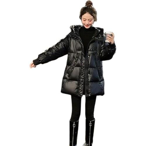 Womens Cotton Coat Glossy Waived Wash Ladies Jacket Winter Down Cotton Clothes Mid-Long Hooded Zipper Cotton Female Outerwear