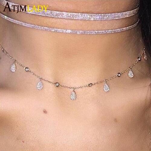 High quality drip drop tear cz charm link chain bling sparking women jewelry 925 sterling silver charm cz women necklace