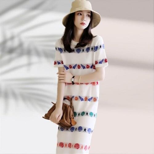 New Summer Office Lady Dress Women O Neck Short Sleeve Stars Sea Stripped Fashion Knitted Dresses Runway Woman Dress SY138