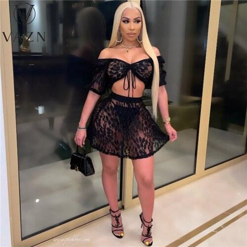 VAZN 2021 Fashion Sexy Club Party Style Sets Short Sleeve Card Shoulder Short Top Lace Mini Short Dresses Two Dress Sets