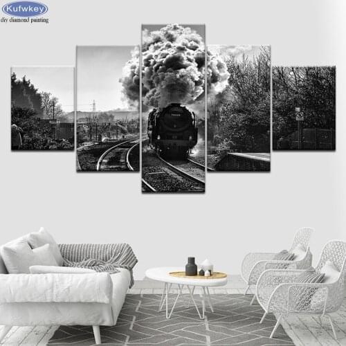 5 Pieces wall art pictures diamond Painting Black and white steam train diamond embroidery cross stitch mosaic full rhinestone
