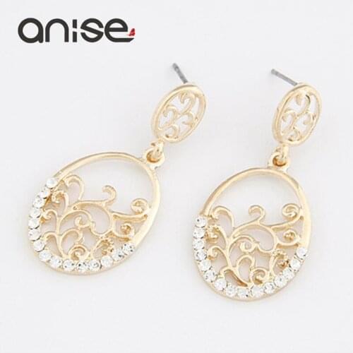 Anise Hot Sale Alloy Hollow Flower Stud Earrings Rhinestone Ellipse Round Earrings Classic Vintage Pendant Earrings For Women