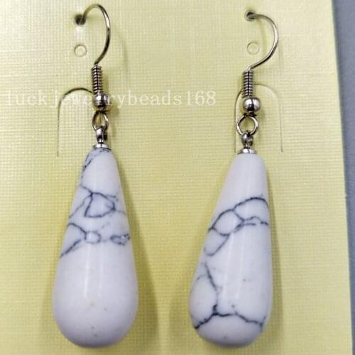 Free Shipping Women Fashion Jewelry 10x29mm White Howlite Water Drop Women Bead Dangle Earrings Pair C5115