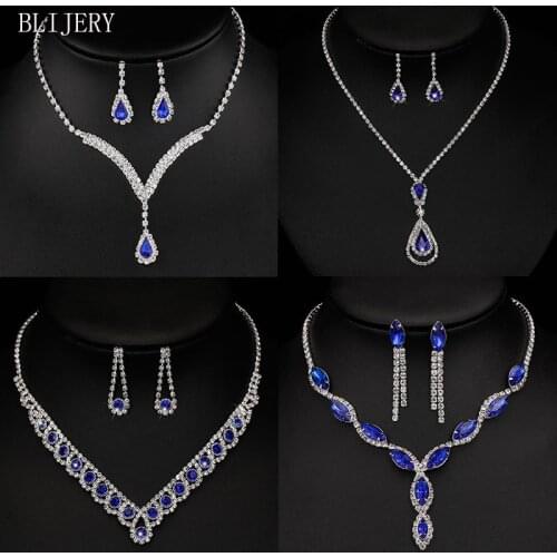 BLIJERY Romantic Royal Blue Crystal Bridal Jewelry Set Statement Choker Necklace Earrings African Wedding Jewelry Set for Women