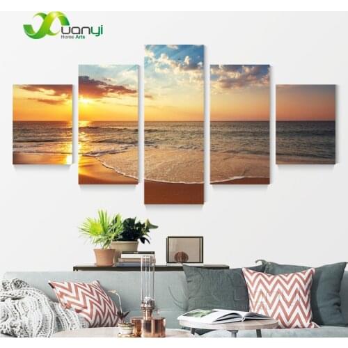 Large 5 Panel Canvas Art Sunset Sea Oil Painting Art Prints Unframed Sunset Sea Painting Canvas Picture For Office Spray PR1150