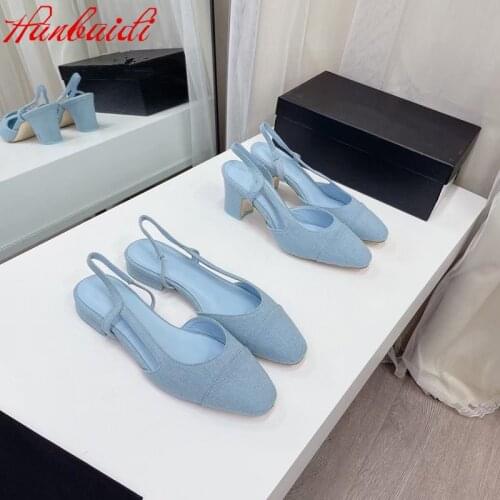 Summer autumn sandals women chunky high heel slingback round toe patchwork classic pink blue party dress shoes for girl pumps
