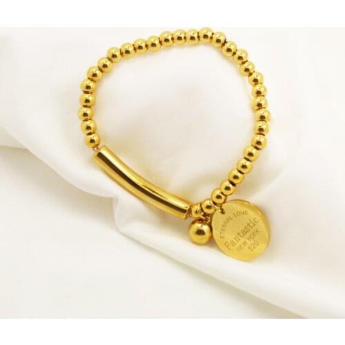"Fantastic Eternal Love New York" Stainless Steel Ball Beads Bracelet For Women Circle Tag Charm Stretch Strand Bracelet