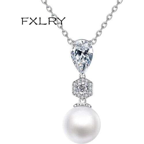 FXLRY White Color AAA Cubic Zircon Pearl Pendant Water Drop Necklaces For Girl To Gift Fashion Accessories