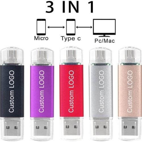 Hot OTG 3 In 1 USB Flash Drive 64GB 32GB 16GB 8GB 4GB Double Plug USB2.0 Flash Drive for Smart Phone U Disk(over 5pcs Free Logo)