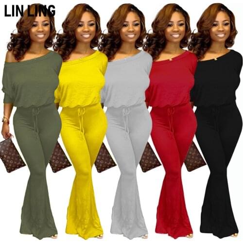 LINLING Fashion Solid Color Slant Shoulder Bat Sleeve Lace Up Collect Waist Loose Flared Trouser Leg Women Jumpsuits