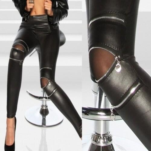 Faux Leather Leggings Women Fashion High Elastic Skinny Zippers Leggings Pants Hole PU Leather Legging Leggins Mujer