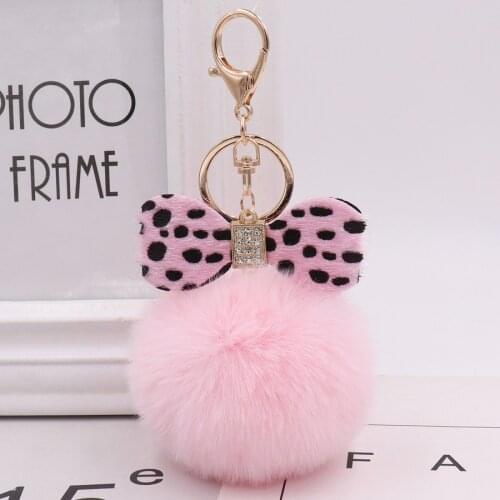 Leopard print Korean Version of The Creative Rex Rabbit Hair Ball Crystal PU Bow Fur Bag Pendant Hair Ball Fashion Car Keychain