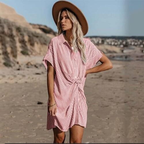 Fashion Striped Office Lady Dress Women Summer Short Sleeve Turn-down Collar Sexy Mini Dresses Casual Holiday Streetwear Dress