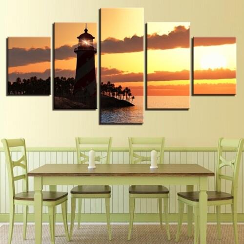 Modular Painting Canvas Wall Art Pictures Home Decor 5 Pieces Sunset Landscape Lighthouse Sea Level Modern HD Print Poster