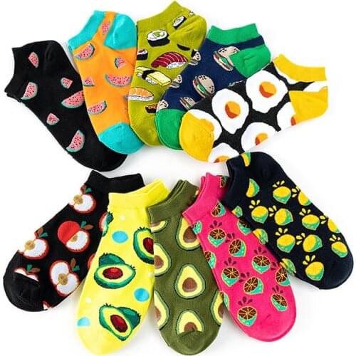 Man socks funny apple avocado pineapple banana watermelon lemon cherry fruit pattern fried egg sushi burger woman in tube socks