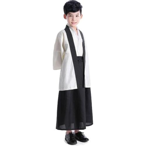 New Black Japanese Boys Kimono Child Warrior Traditional Swordmen Yukata Kid Stage Performance Clothing Cosplay Costume