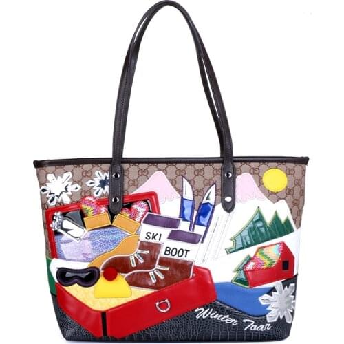 Luxury Bag Women Bags Leather Patchwork Embroidery Shoulder Bags Handbag Female Tote Braccialini Style Snow Mountain Scenery