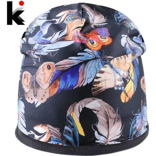 Winter Warm Beanies Women Print Butterfly Hats For Girls Fashion 3D Printing Personality Bonnet caps Thick Double layer Touca