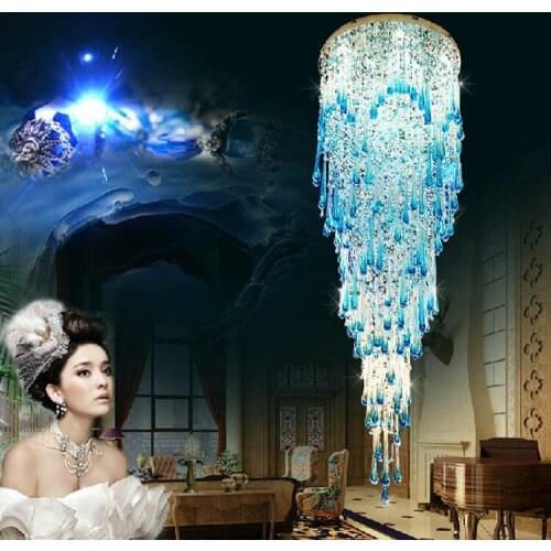 Modern Crystal Ceiling Chandelier For Villa Living Room Lobby Blue Design Staircase Lighting Luxury Stainless Led Cristal Lamp