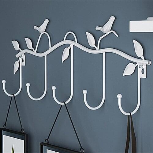 Vintage 5 Hook Wrought Iron Bird Hook Hook Bird Shape Leaf Wall Dress Robe Hook Key Coat Holder Cap Hanger Home Decoration
