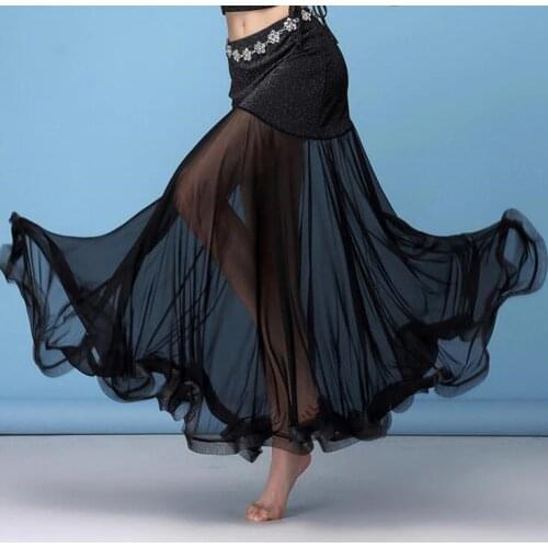 Korea Silver Mesh Belly Dance Skirt Women Belly Dancing Costume Outfit Tribal Maxi Full Skirts Solid Color Skirt Black XL