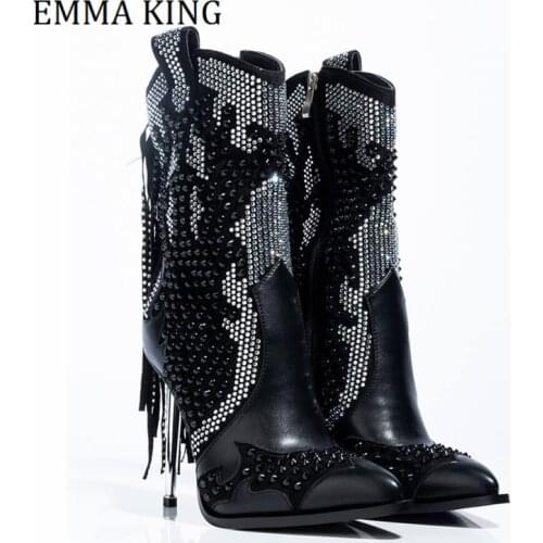Autumn Winter Women Ankle Booties Studded Rhinestone Decor Iron Stiletto Heel Boots Pointed Toe Sexy Club Fringed Botas Mujer