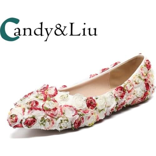 Lace Flowers Appliques Wedding Flats Pointed Toe Slip-on Women Shallow Shoes for Party Bridesmaid Banquet Performance Girsl