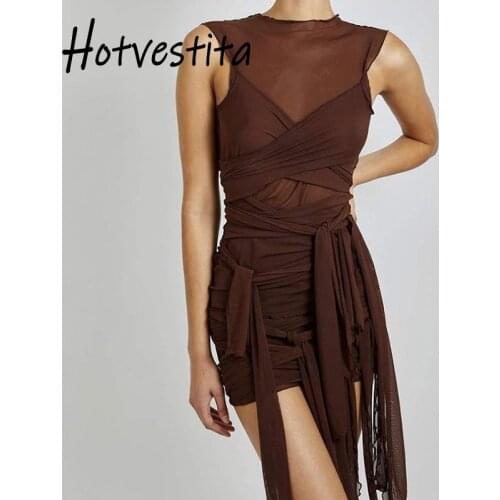 Hotvestita 2021 New Fashion Designer Sexy See Through Mesh Criss Cross Bandage Tassel Women Summer Bodycon Party Club Mini Dress
