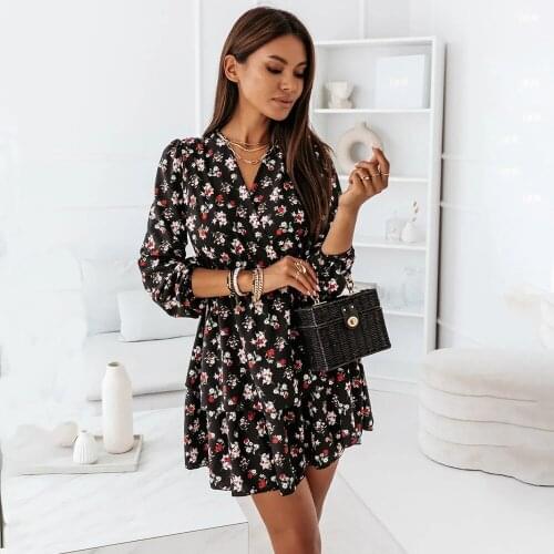 Autumn Elegant Female Floral Print Short Dress Sexy V-neck Long Sleeve Elastic Waist Mini Dresses For Women 2021Vestido De Mujer