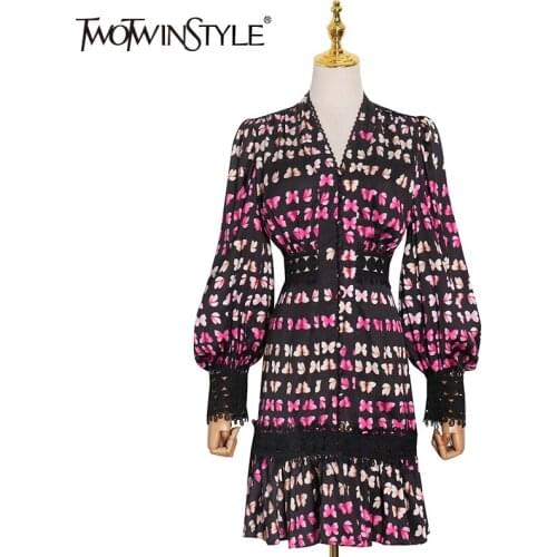 TWOTWINSTYLE Bodycon Printed Tunic Dress For Female V Neck Puff Sleeve High Waist Hit Color Mini Dresses Women 2020 Fashion New