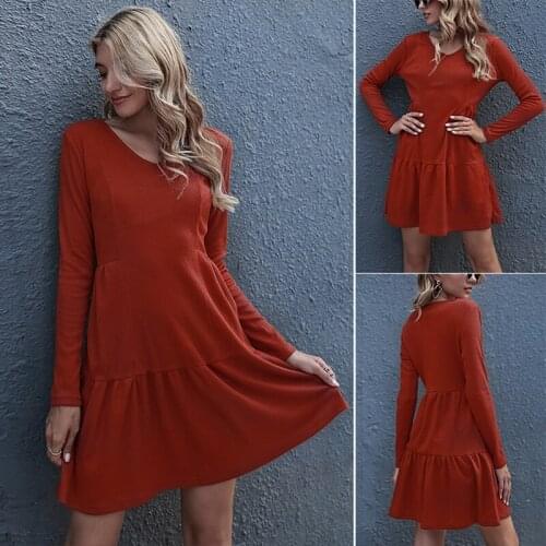 Womens Solid Color Loose V-Neck Long Sleeve Dress Brown