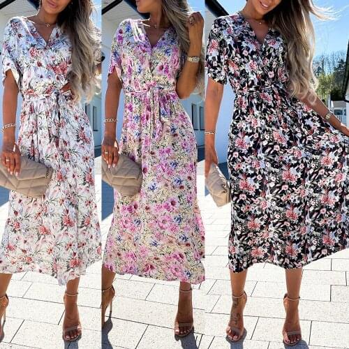Formal Midi Dress Floral Printed Women Business Dress Sundress V Neck Short Sleeve Office Ol D30