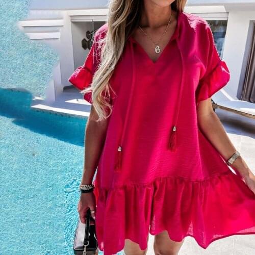 WYWMY Dresses for Women Summer 2021 New V-neck Solid Color Loose Midi Dress Thin Pleated Ruffle Flared Sleeves Sandy Beach Dress