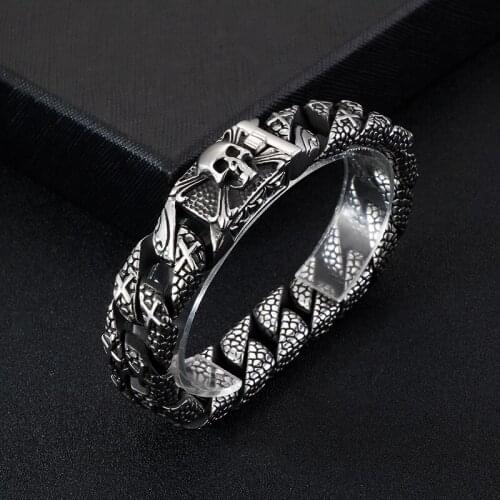 110g heavy 8.66'' 16mm Pure 316L Stainless steel biker casting cuban curb chain skull cross bangle for mens cool gifts