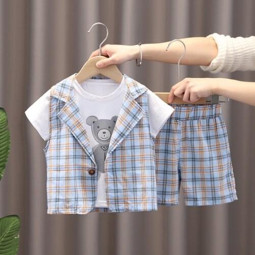 2021 Summer New Baby Boy Clothes Toddler Kids Clothing Fashion Cartoon Bear T-Shirt+Vest+ Shorts 3pc/Sets Casual Kids Sportswear