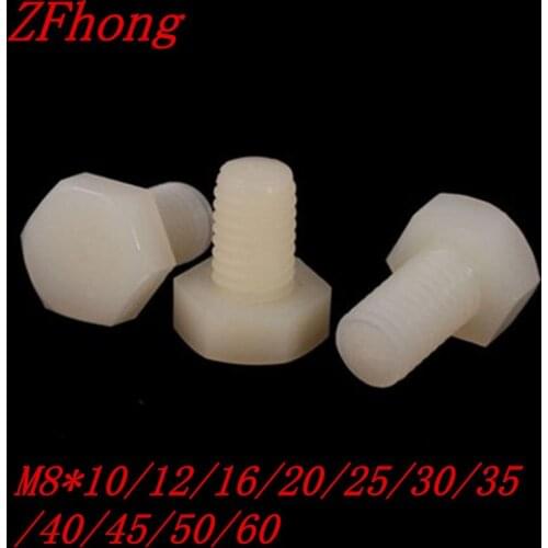 50pcs M8*16/20/25/30/35/40/45/50 White Nylon Plastic Hex Bolt Hex Head Screw Insulation Bolt