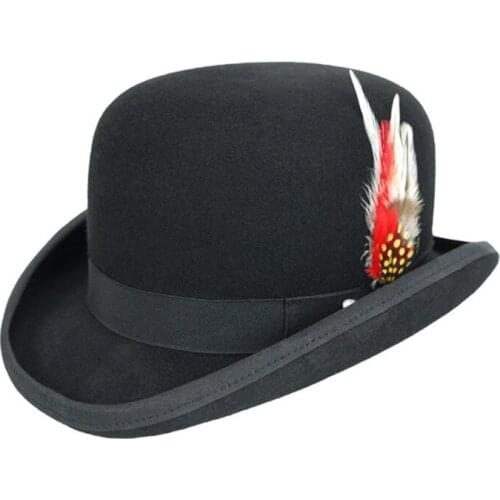 4 Sizes 100% Purple Wool Fedoras with Feather Wedding Hat Felt Top Hat For Men Cylinder Hat Topper Mad Hatter Party Costume