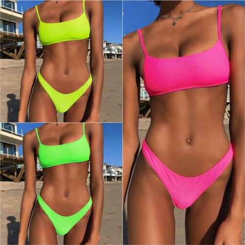 Fluorescent Bikini Suit Split Body Suit Solid Color Bikini High Quality Beach Spa Swimwear Womens Clothing for Seaside Holidays