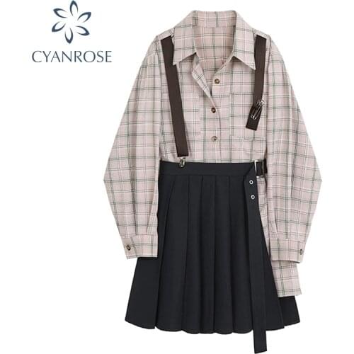 2 Piece Japanese Harajuku Party Long Sleeve Cute Irregular Loose Casual Elegant Suspenders Fashion Suits Belt Girl Midi Dress