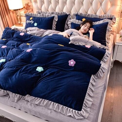 Royal blue gray coral fleece soft and comfortable four-piece duvet cover