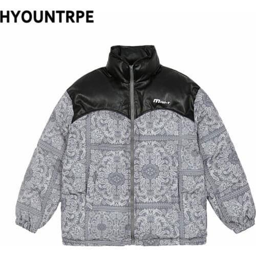 Men Harajuku Graffiti Jacket and Coat Casual Patchwork Warm Thicken Stand Collar Parka Zipper Cotton Padded Streetwear Outerwear