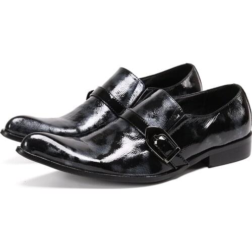 Embossed Genuine Leather Business Men Shoes Slip On Black Men Brogues Formal Oxford Shoes for Men Dress Shoes With Metal Chain
