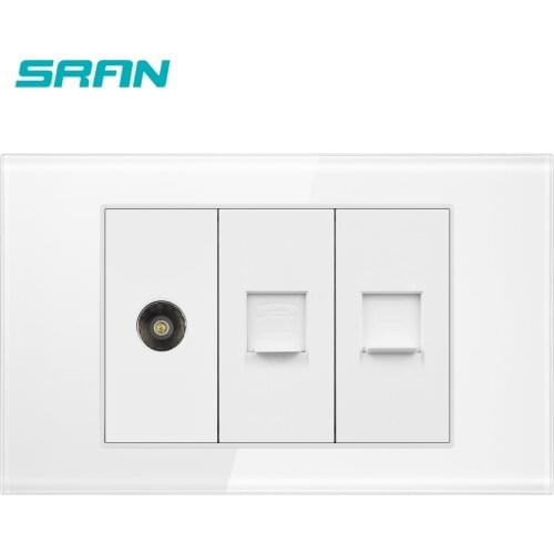 SRAN 3gangs TV and Telephone and Internet Wall Socket// Outlet, crystal Glass panel 118mm*72mm,No logo