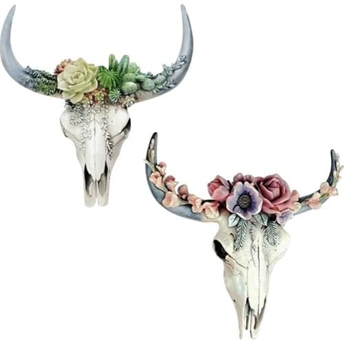 Bull Skull Wall Art Decoration Resin Cow Skull Succulent Roses Flowers Crafts Hanging Ornaments for Home Living Room Decor